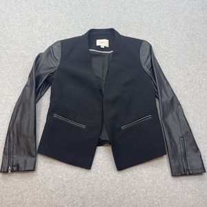 Ann Taylor LOFT Jacket Women Petite 2P Black Open Blazer Coat Faux Leather Prep
